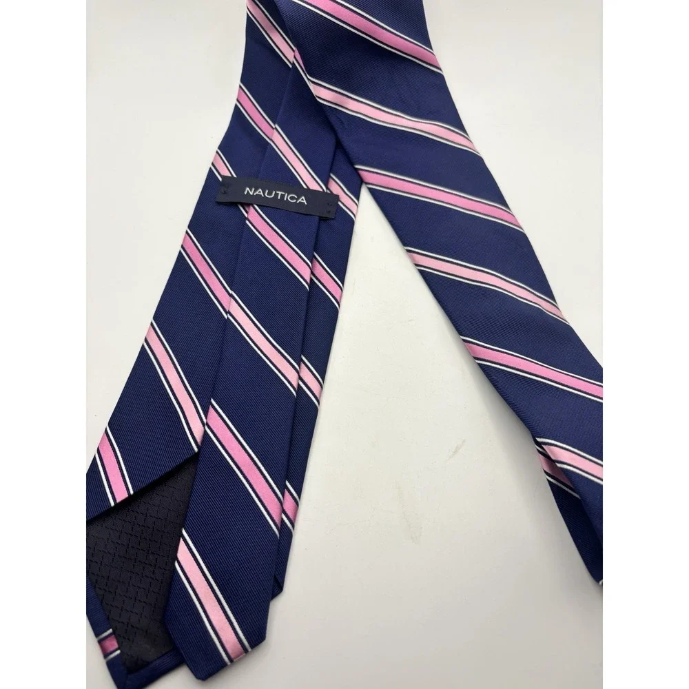 Nautica Mens Silk Tie Necktie Pink Navy‎ Blue Stripes REPP 3.5